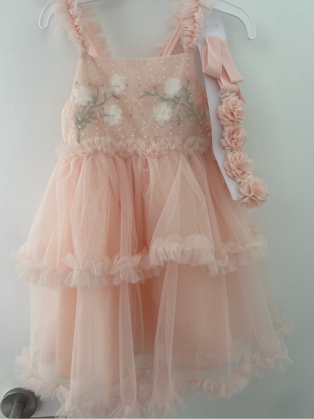 NWT Shabby Chic Blush Peach Tulle Princess Party Dress, Flowers Pearls Sequins